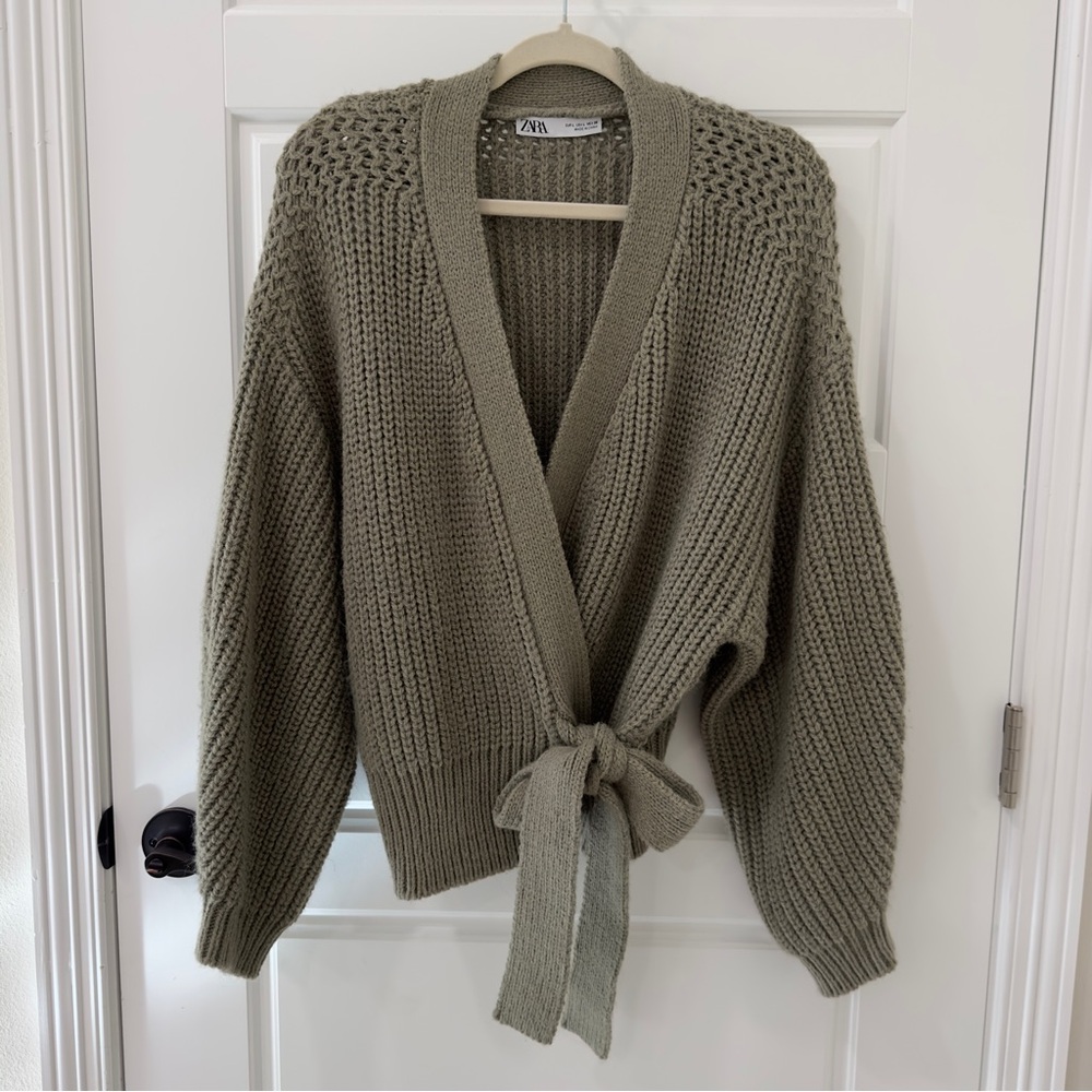 Zara Olive Green Tie Puff Sleeve Cardigan Sweater